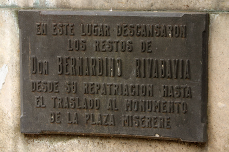 Bernardino Rivadavia, Recoleta Cemetery