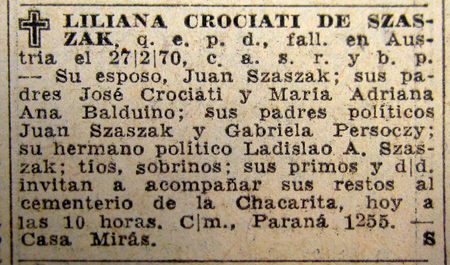 Obituary, La Nación, Liliana Crociati de Szaszak Obituary, La Nación, Liliana Crociati de Szaszak
